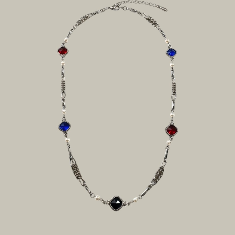 Necklace‎ Womens 30" Silver  Long Station Faux Pearl Stone timeless elegant